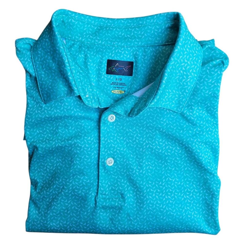 Greg Norman Play Dry Shark Logo Performance Golf Polo Shirt Aqua Blue Mens Large